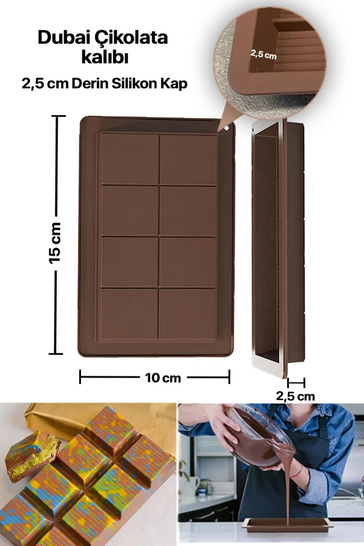 VİATOM 8 Bölmeli Dubai Çikolatası Kalıbı Silikon Çikolata Kalıbı Derinlik 2,5 Cm, 10 X 15, 100 Gr.