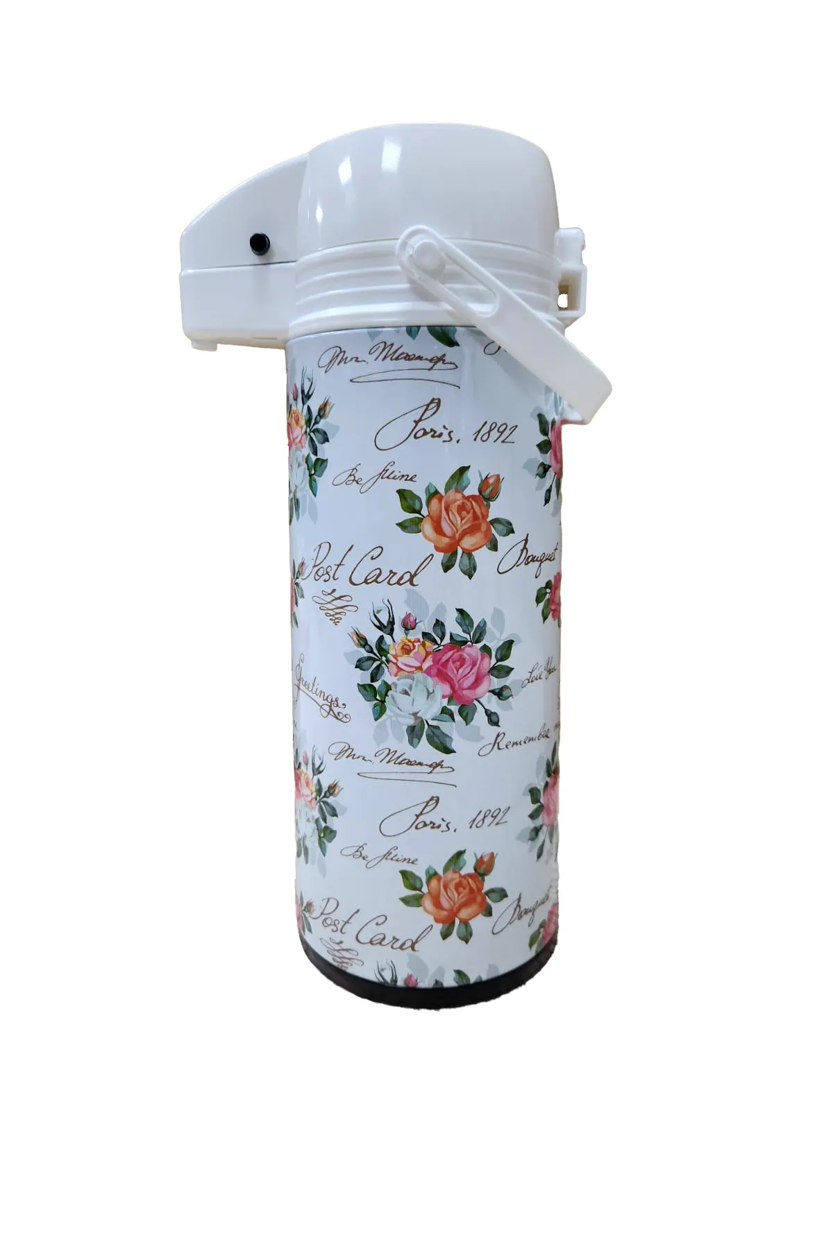 1,9 litre Pompalı Termos Gül Desenli çift Katlı cam