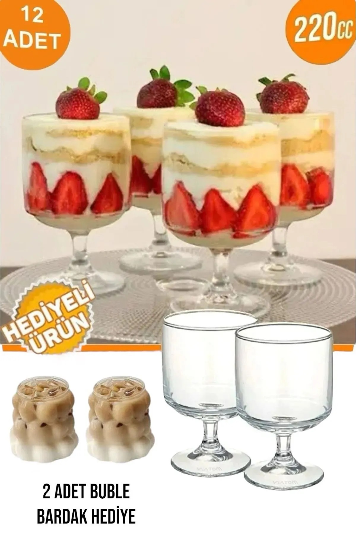 ViATOM Magnolia Tatlı Sunum Bardağı 12'lı Mika (CAM DEĞİLDİR) + 2 Ad Boncuk Şekilli Bardak Hediyeli