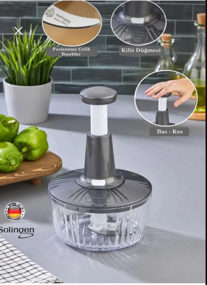 VİATOM Büyük Boy Paslanmaz Çelik Solingen 3 Bıçaklı Üstten Basmalı El Rondosu Blenderı Sebze Doğrayıcı